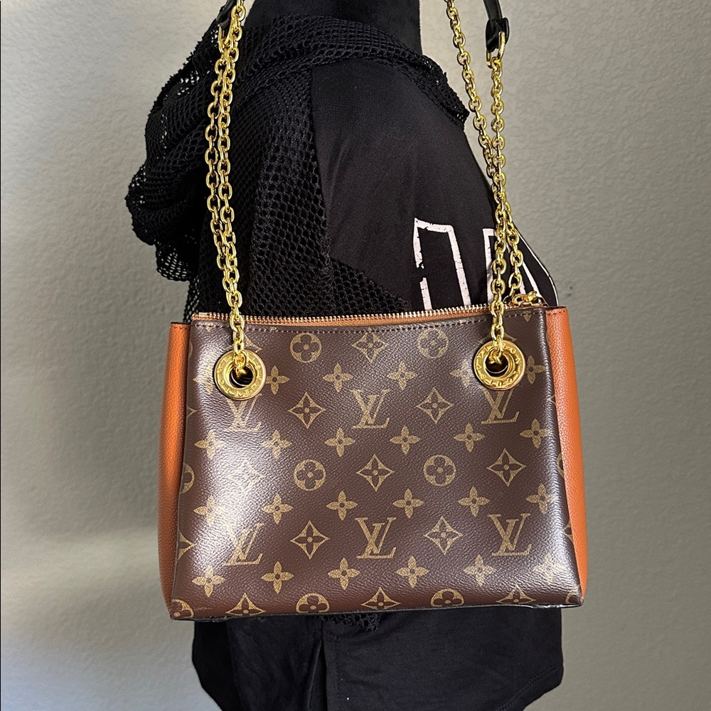 Louis Vuitton Inspired Monogram Chain Shoulder Bag — Brown/Tan/Gold - Picture 2 of 13